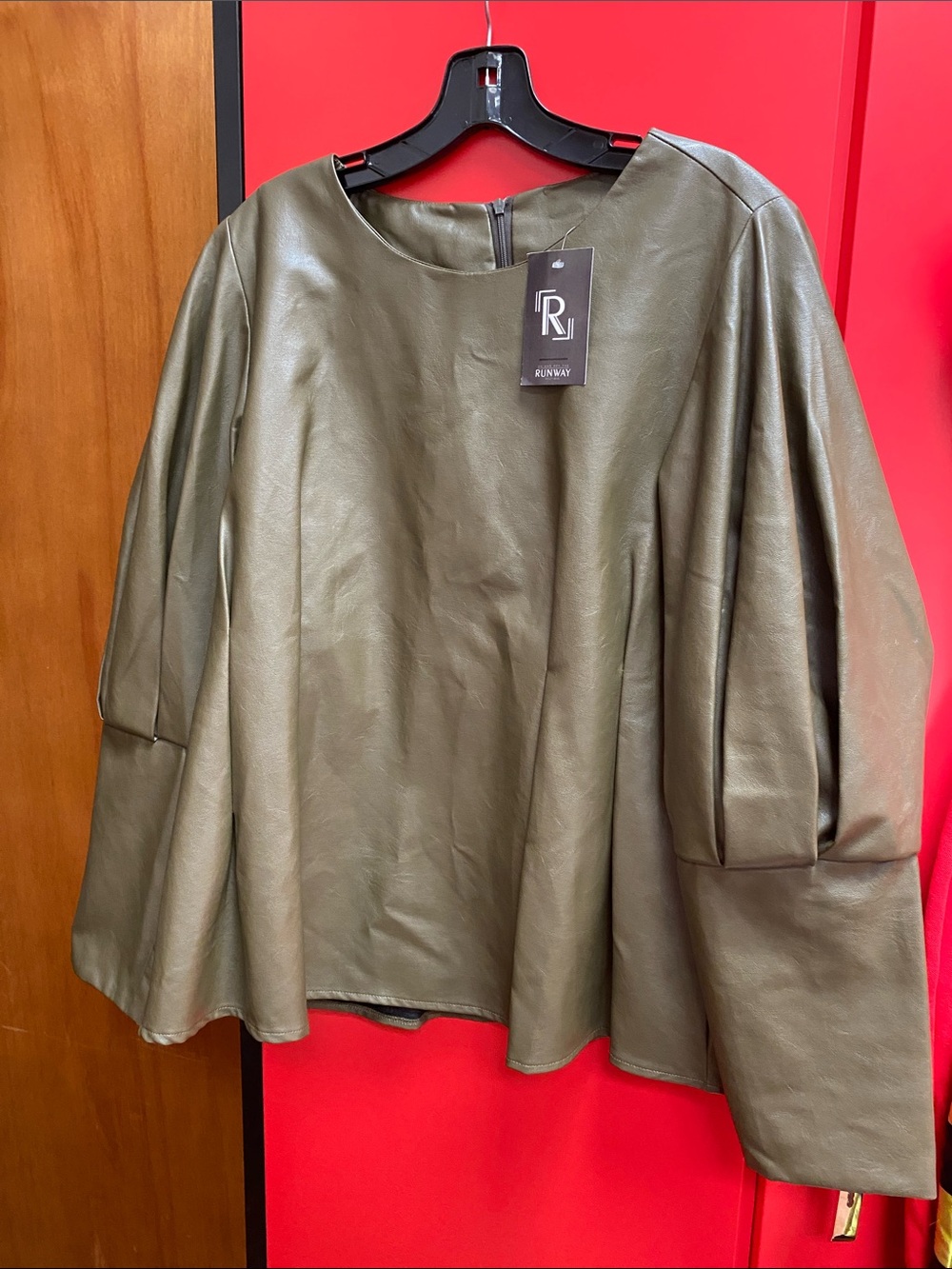 NWT Runway Women’s  Faux Leather Long Sleeve Top Olive Green. Size XL